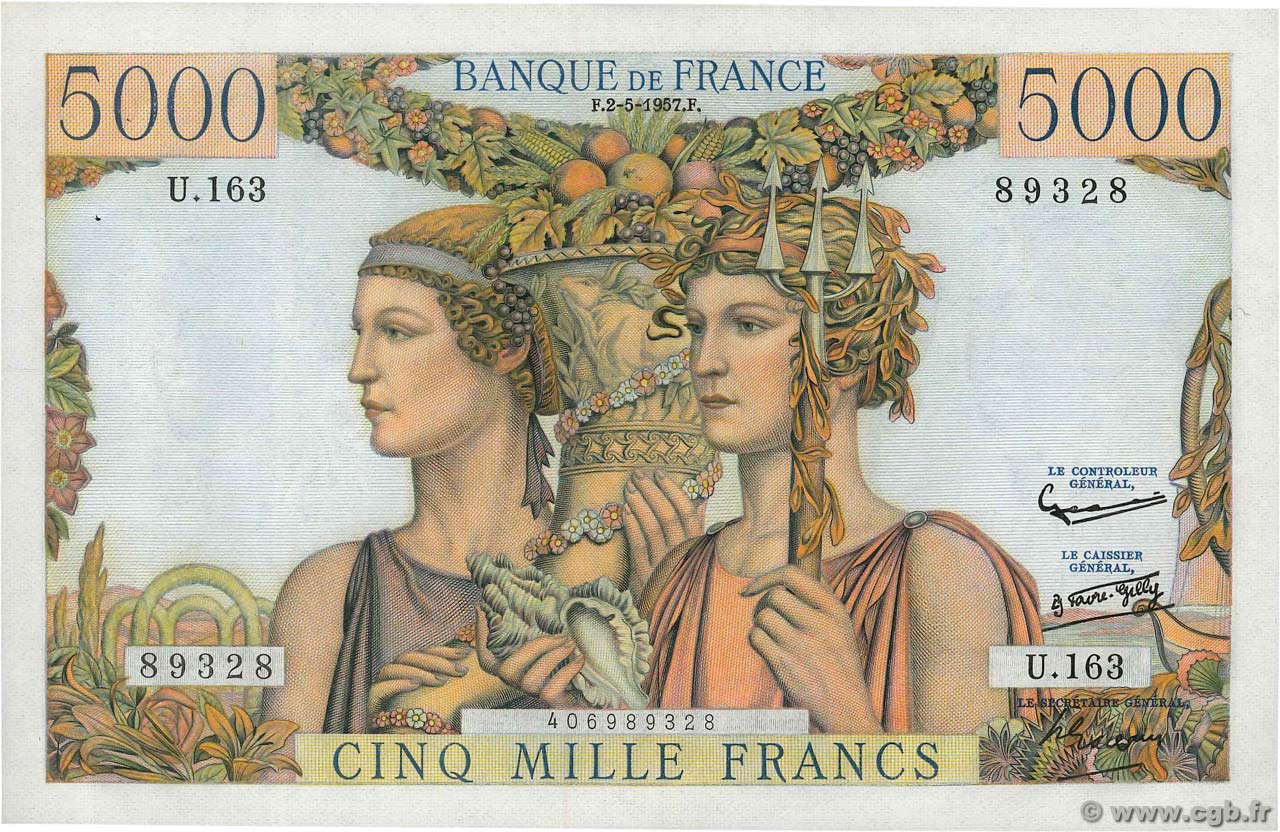 5000 Francs TERRE ET MER FRANCIA  1957 F.48.14 q.AU