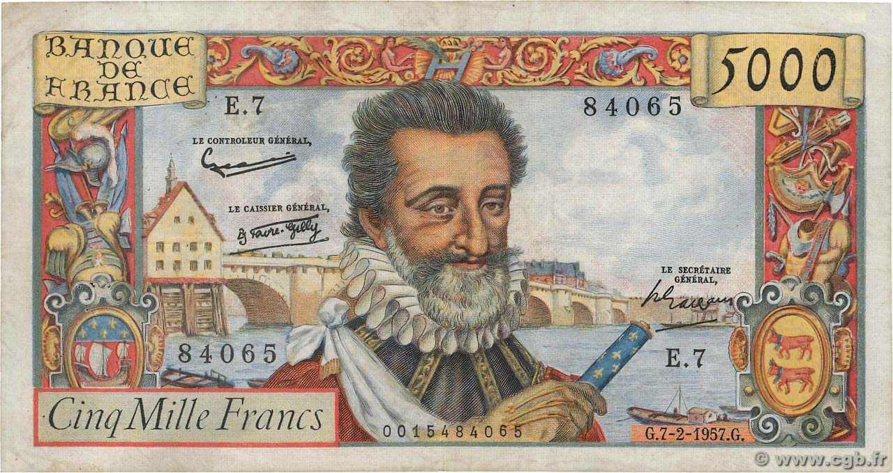 5000 Francs HENRI IV FRANCIA  1957 F.49.01 BC+