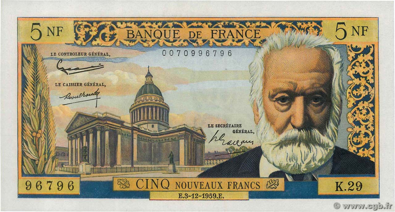 5 Nouveaux Francs VICTOR HUGO FRANCE  1959 F.56.04 UNC