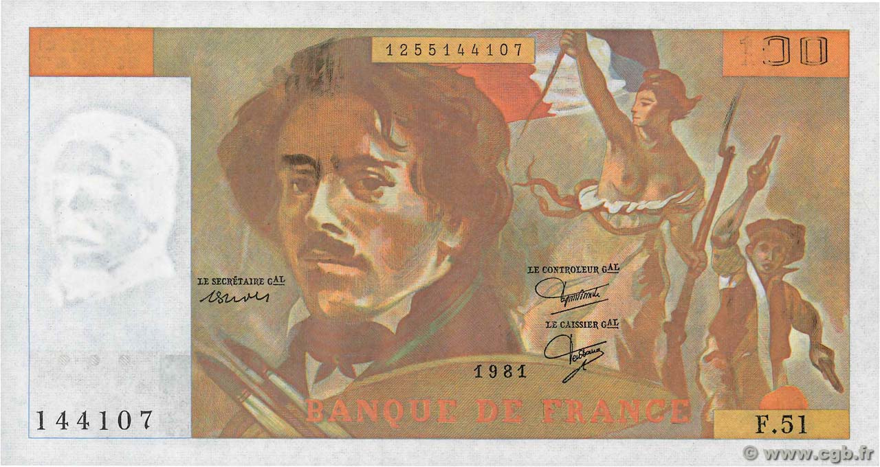 100 Francs DELACROIX modifié Fauté FRANCE  1981 F.69.05 NEUF