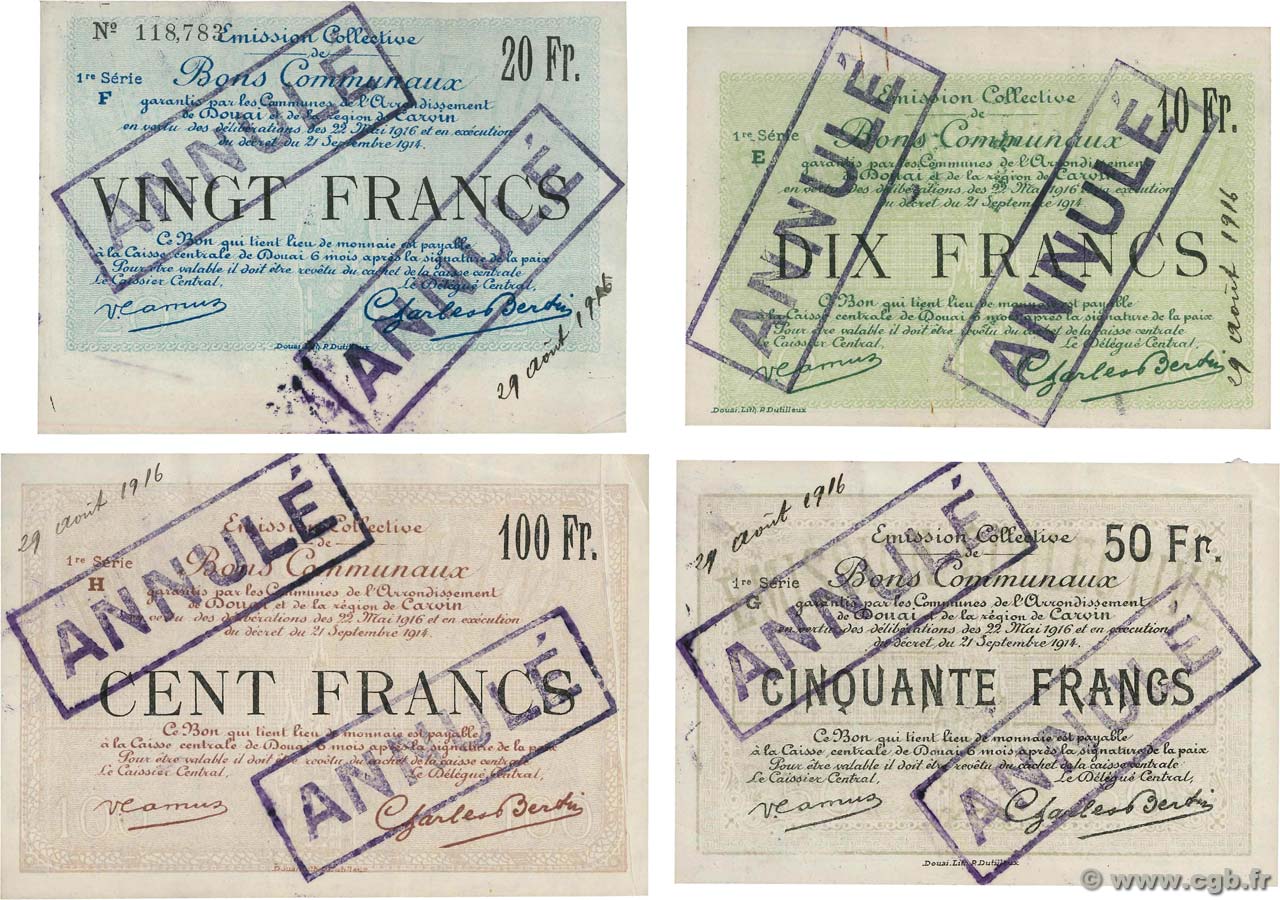 10 Francs à 100 Francs Annulé FRANCE regionalism and various Douai et Carvin 1916 JP.59.0747- XF