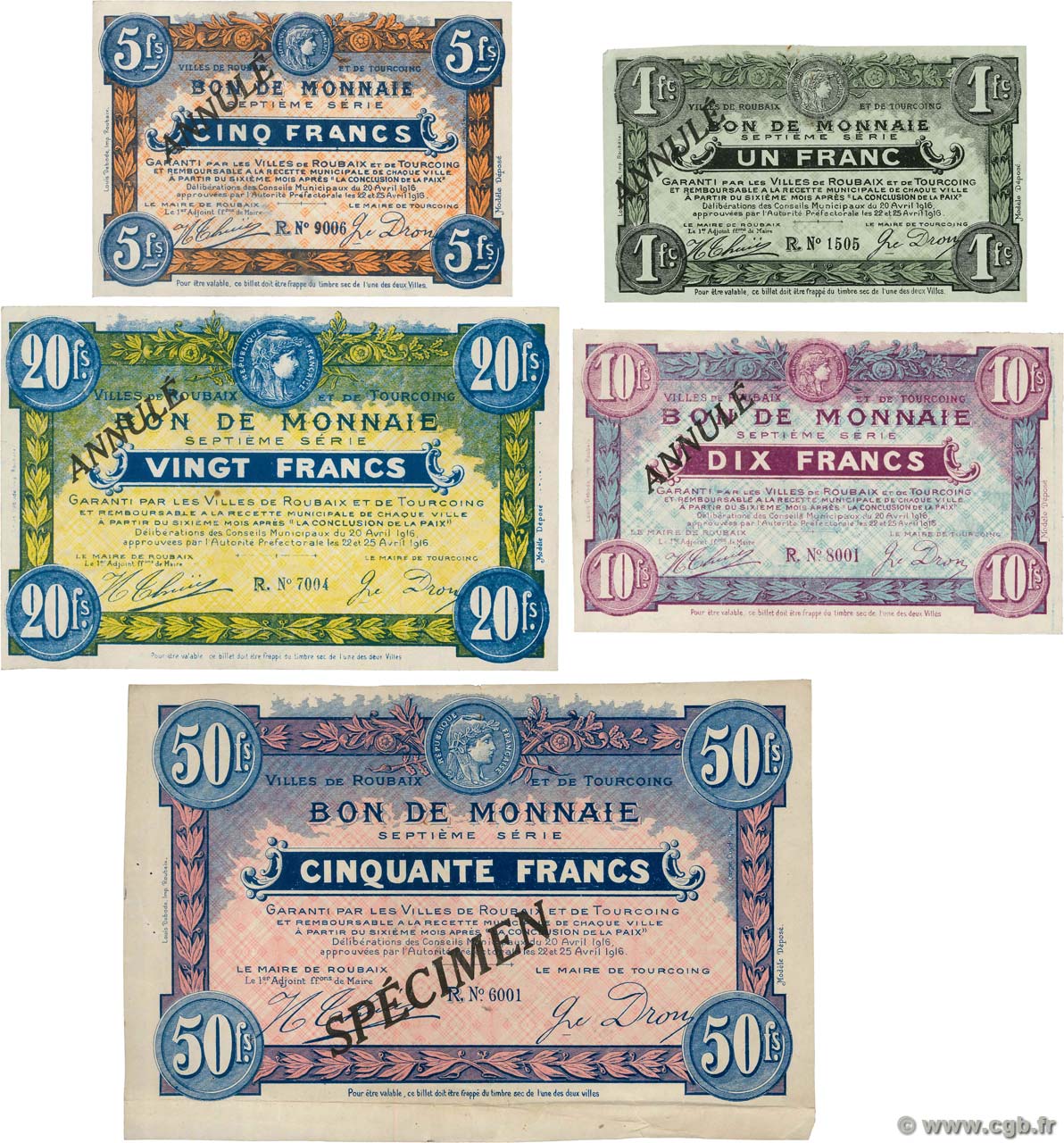 1 Francs à 50 Francs Annulé FRANCE régionalisme et divers Roubaix et Tourcoing 1916 JP.59.2085- SUP