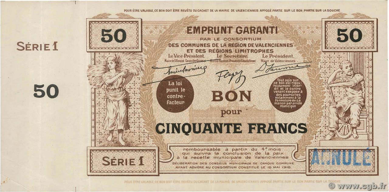 50 Francs Annulé FRANCE regionalism and various Valenciennes 1916 JP.59.2573var XF+