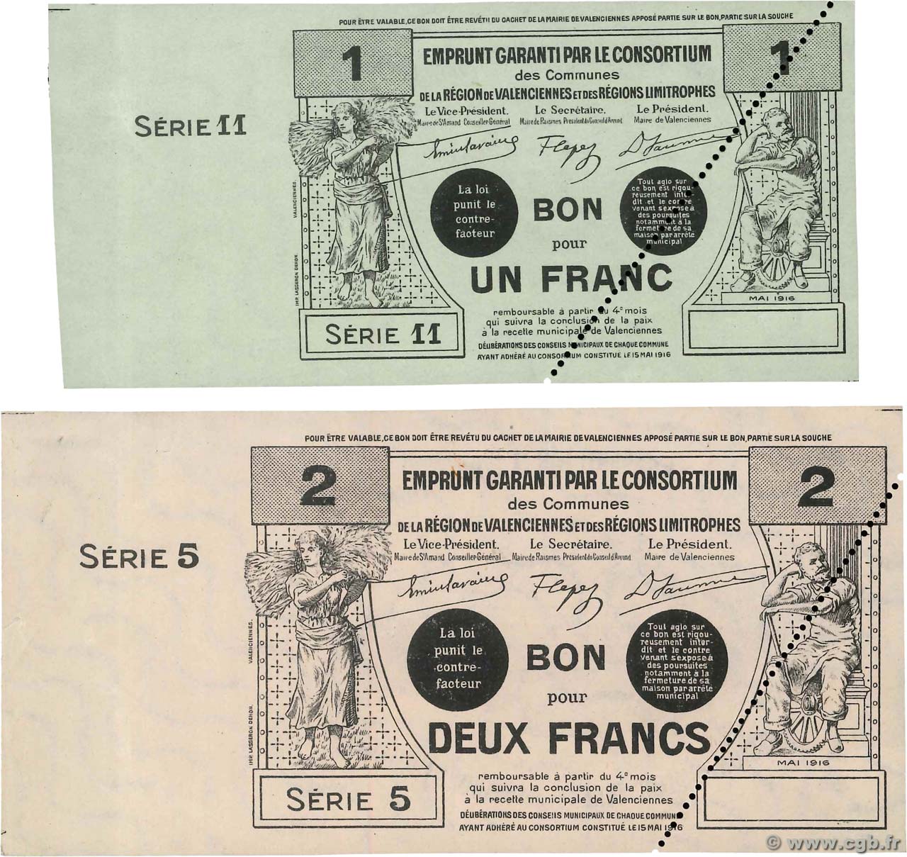 1 et 2 Francs Non émis FRANCE regionalism and miscellaneous Valenciennes 1916 JP.59.2576 AU