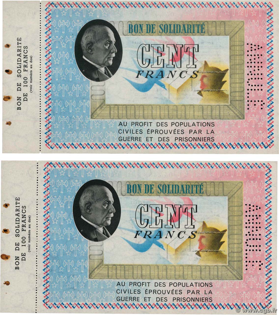 100 Francs BON DE SOLIDARITÉ Annulé FRANCE regionalismo y varios  1941 KL.10B EBC+