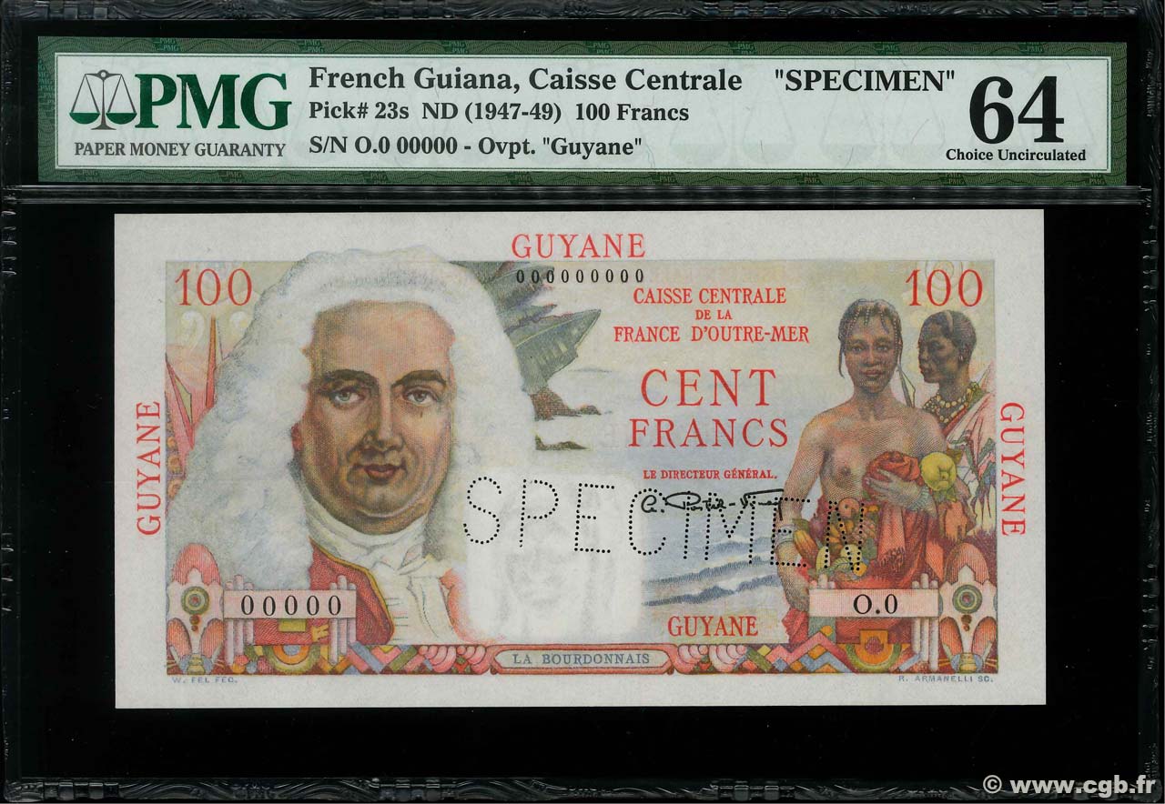 100 Francs La Bourdonnais Spécimen FRENCH GUIANA  1946 P.23s q.FDC