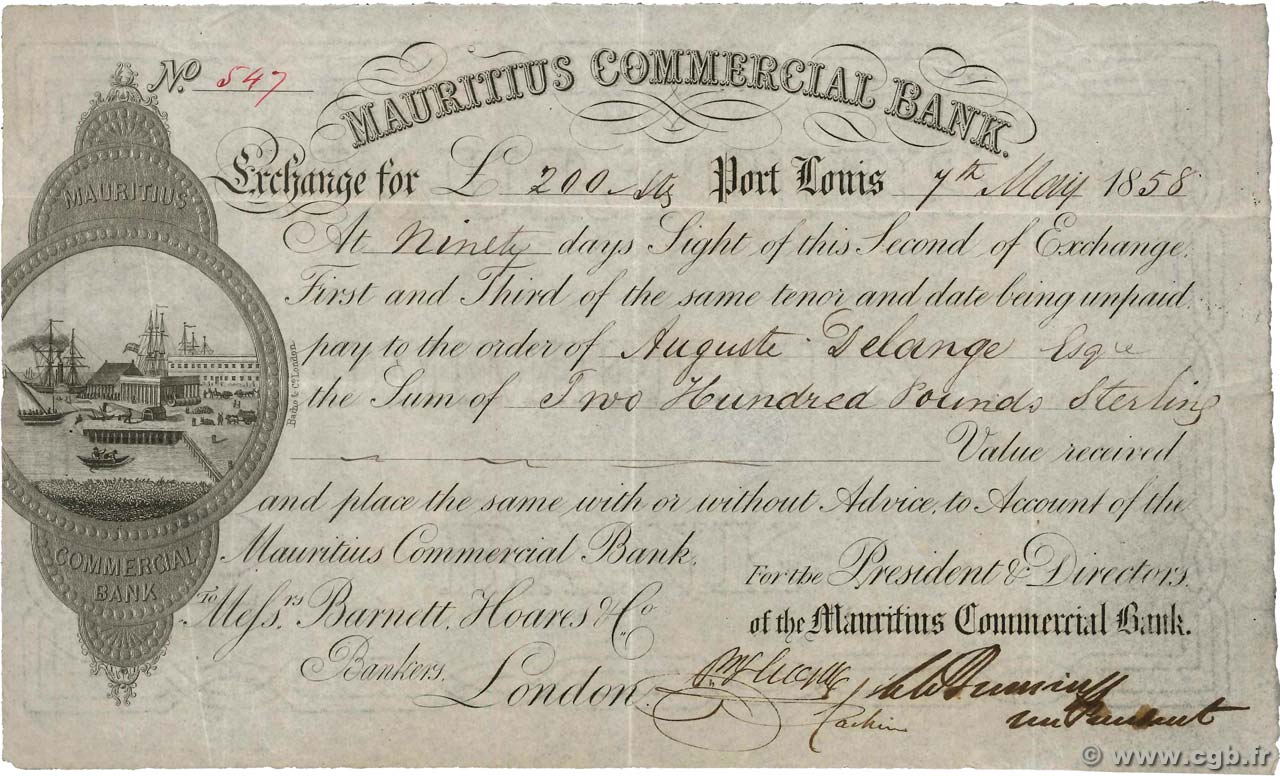 200 Pounds Sterling ÎLE MAURICE Port Louis 1858 Doc.lettre pr.TTB