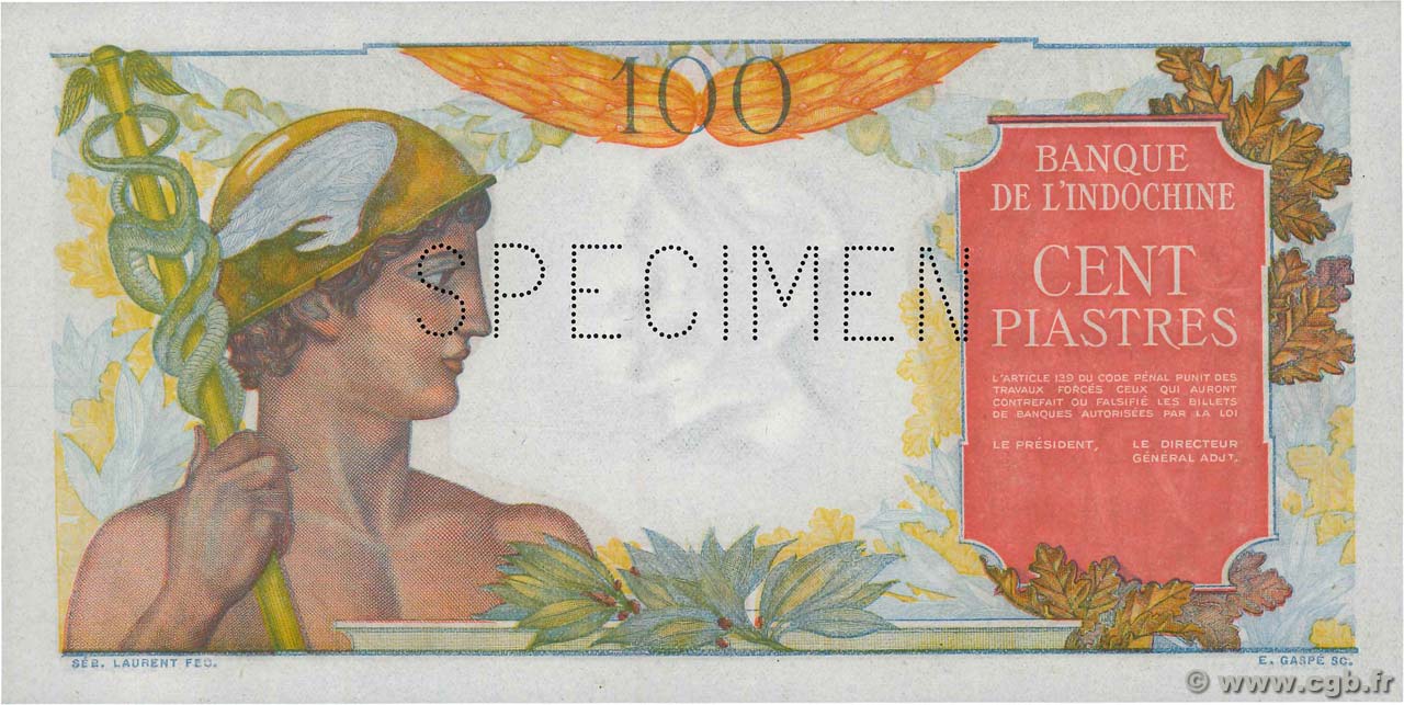 100 Piastres Spécimen FRENCH INDOCHINA  1947 P.082bs UNC