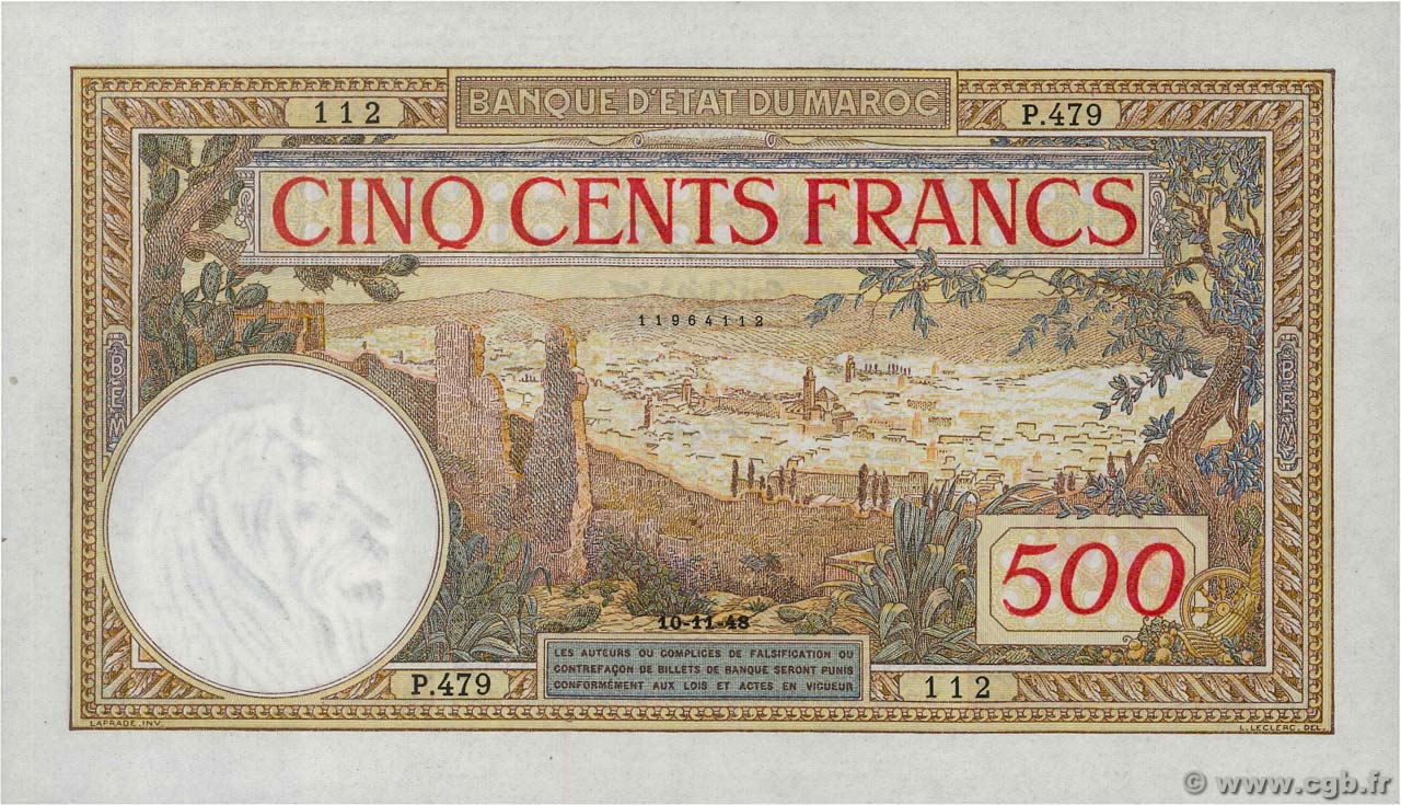 500 Francs MOROCCO  1948 P.15b AU+