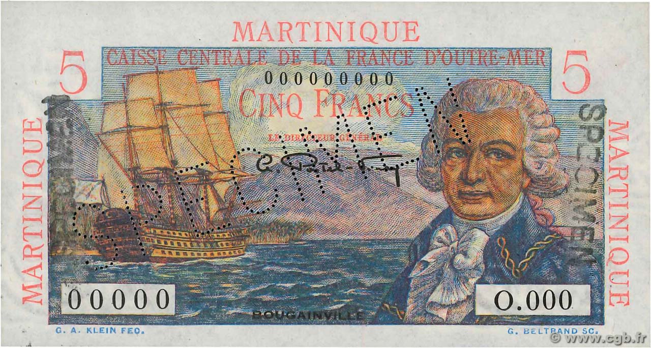 5 Francs Bougainville Spécimen MARTINIQUE  1947 P.27s q.FDC