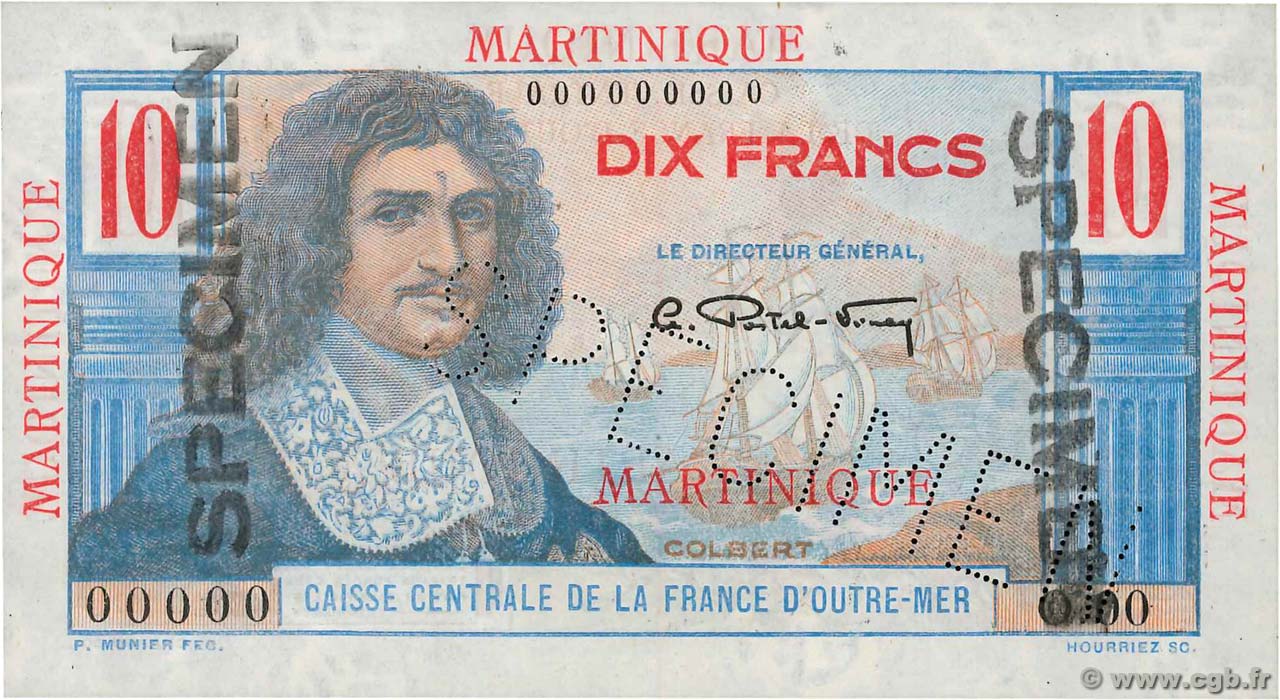 10 Francs Colbert Spécimen MARTINIQUE  1946 P.28s fST+