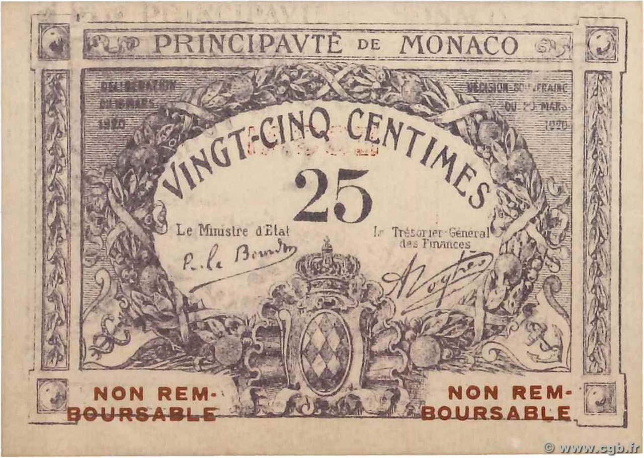 25 Centimes violet Essai MONACO  1920 P.02r AU