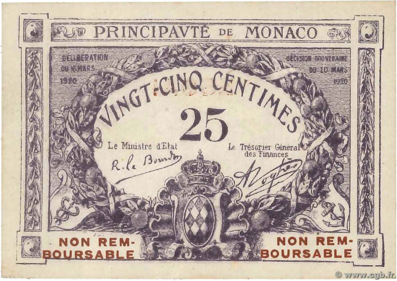 25 Centimes violet Essai MONACO  1920 P.02r pr.NEUF