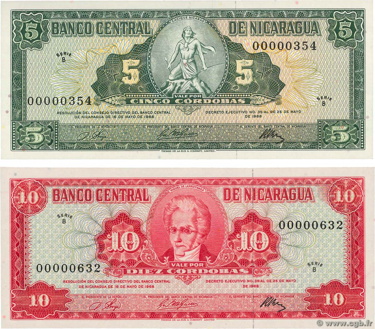 5 et 10 Cordobas Petit numéro NICARAGUA  1968 P.116a et P.117a UNC