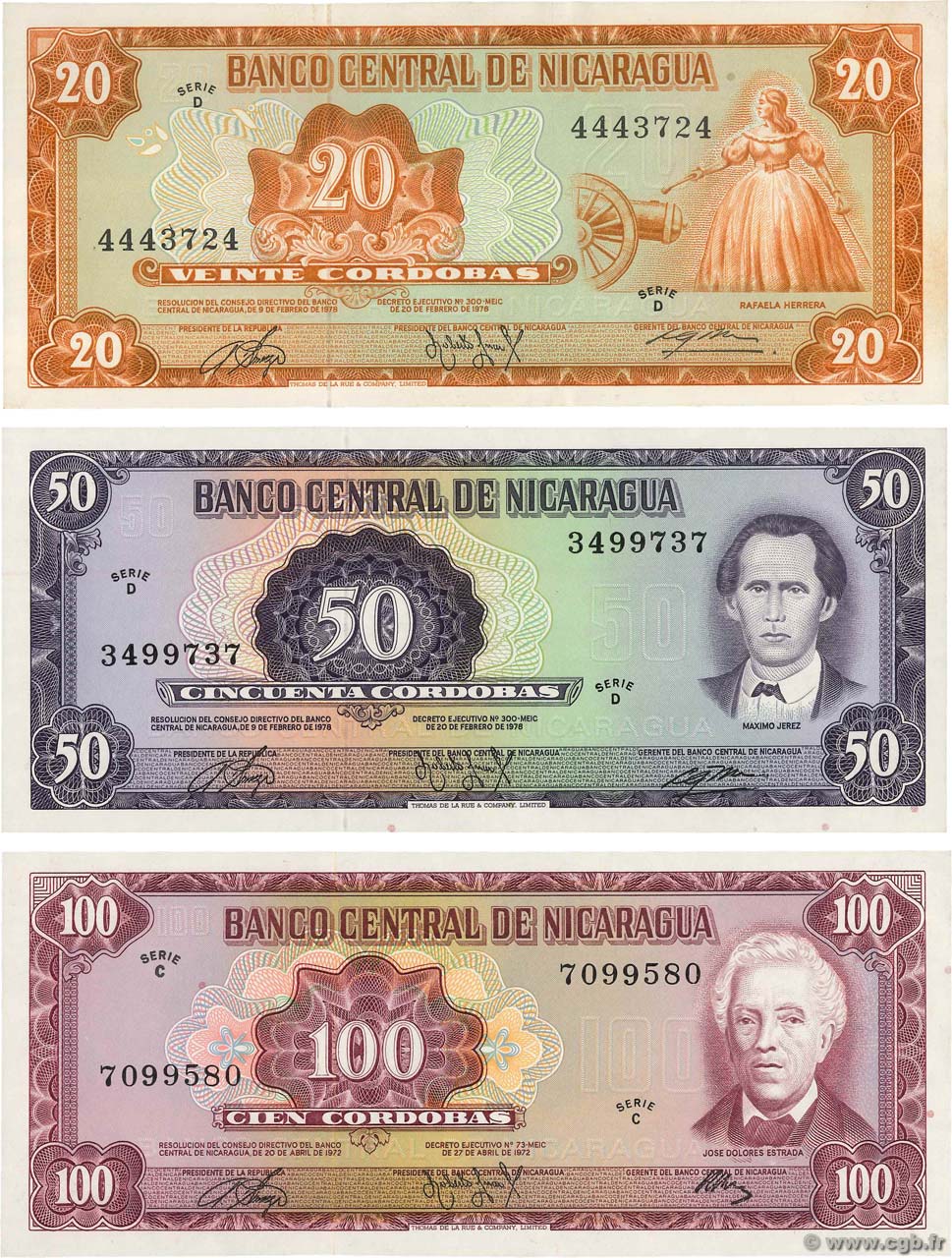 20, 50 et 100 Cordobas Lot NICARAGUA  1972 P.126, P.129 et P.130 pr.NEUF