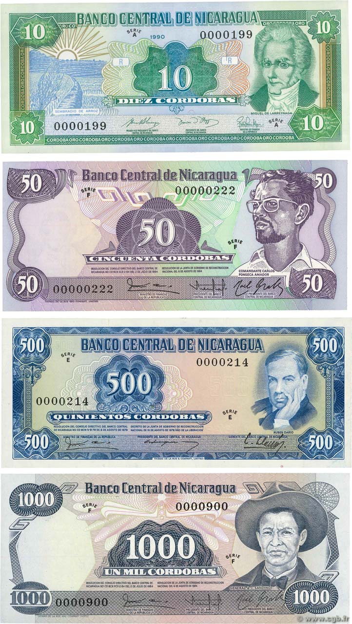 10, 50, 500 et 1000 Cordobas Petit numéro NICARAGUA  1985 P.LOT FDC