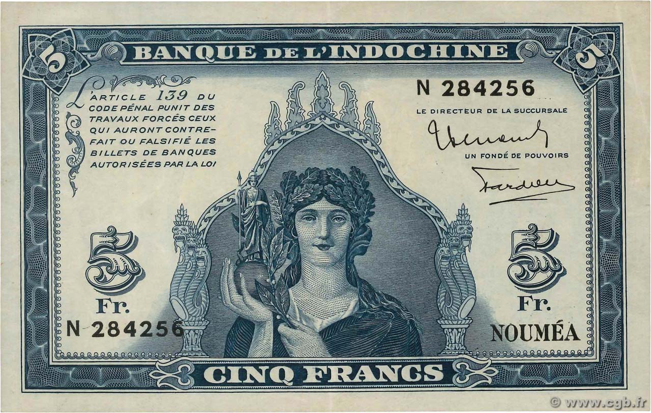 5 Francs NEW CALEDONIA  1944 P.48 VF+