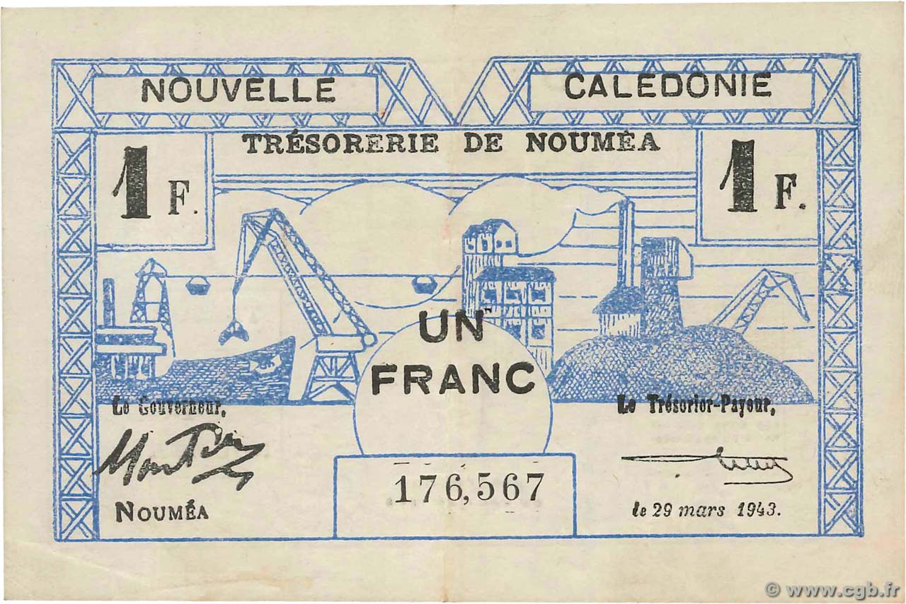 1 Franc NEW CALEDONIA  1943 P.55b XF-