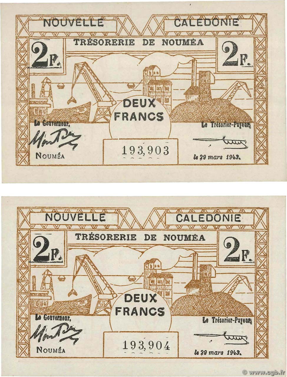 2 Francs Consécutifs NOUVELLE CALÉDONIE  1943 P.56a fST+
