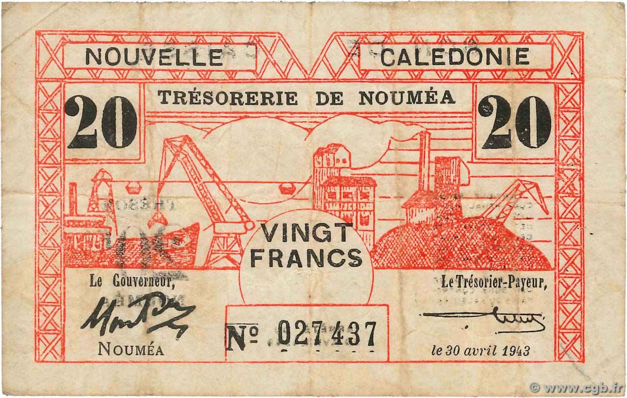 20 Francs NOUVELLE CALÉDONIE  1943 P.57b BC