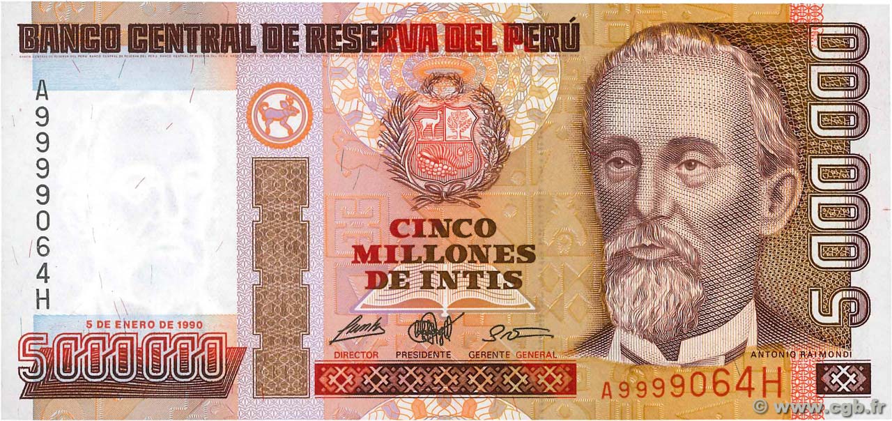 5000000 Intis PERU  1990 P.149 UNC