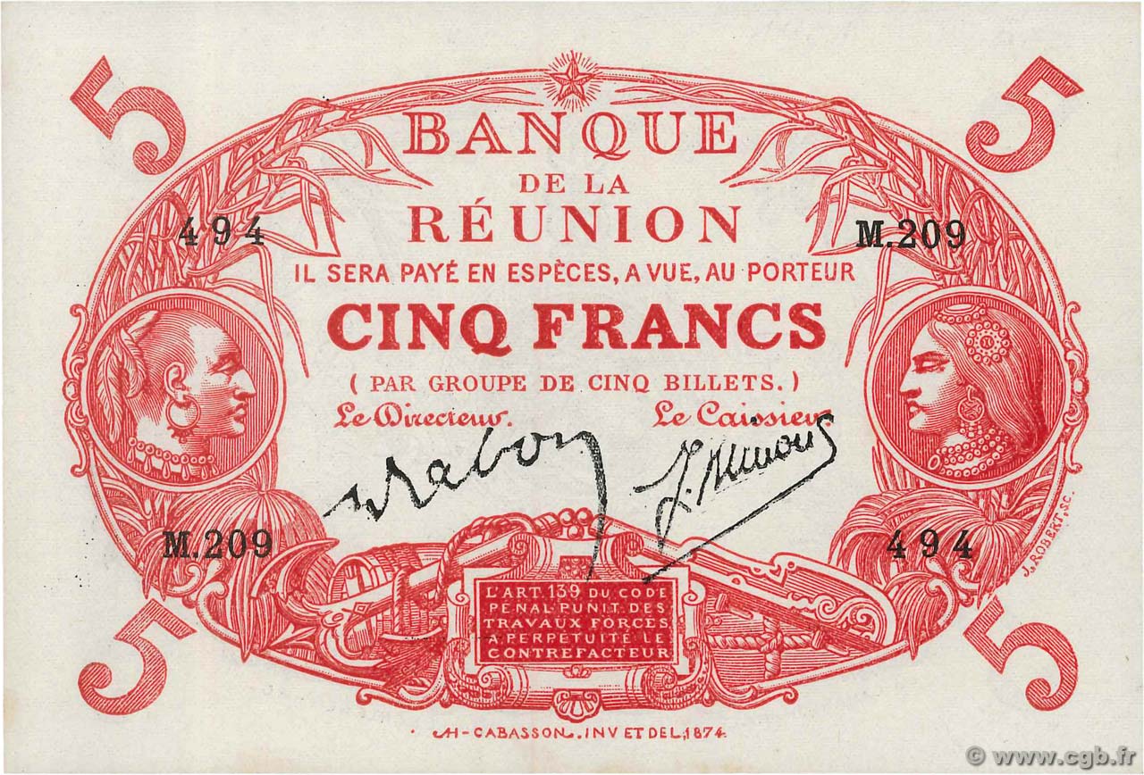 5 Francs Cabasson rouge ISLA DE LA REUNIóN  1944 P.14 SC+