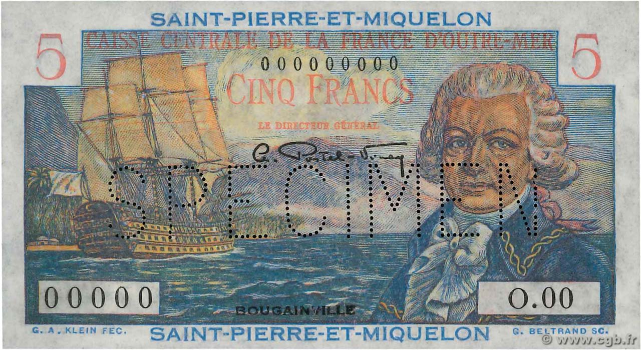5 Francs Bougainville Spécimen SAINT-PIERRE UND MIQUELON  1950 P.22s fST+