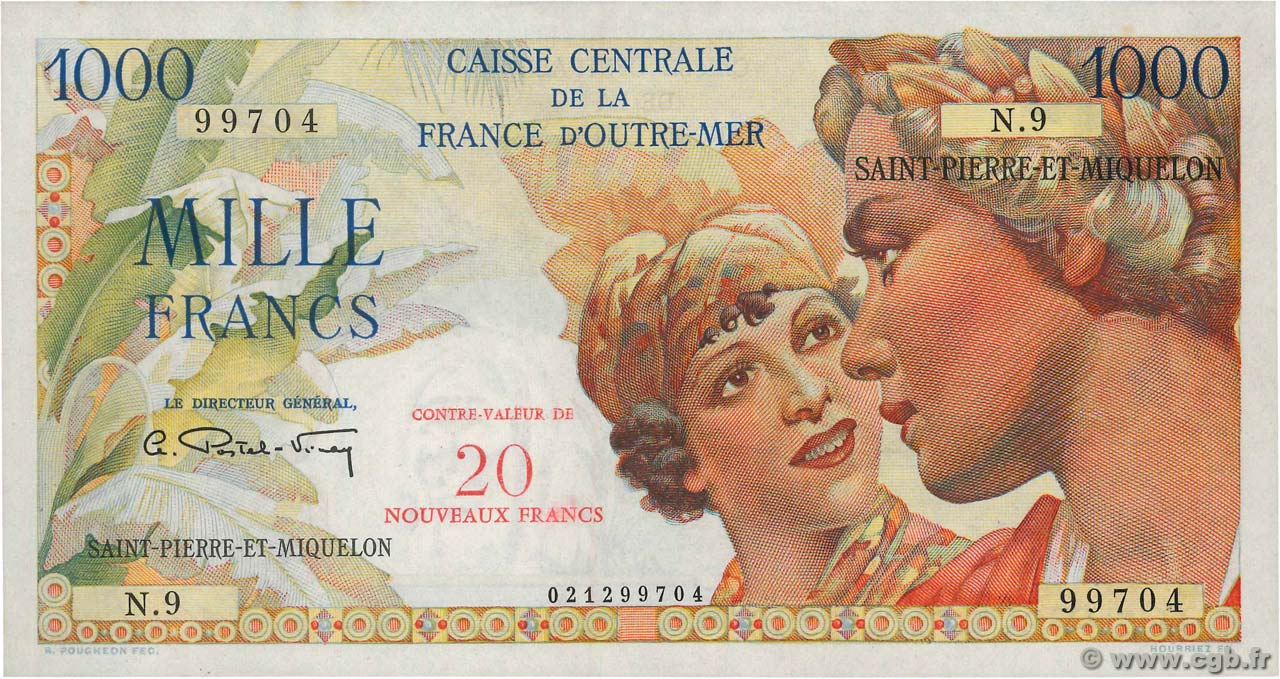 20 NF sur 1000 Francs Union Française SAN PEDRO Y MIGUELóN  1964 P.34 SC
