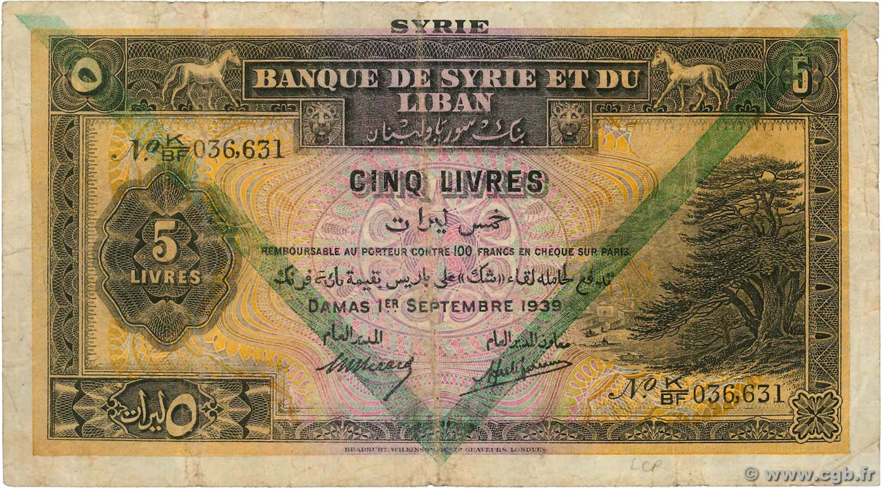 5 Livres SIRIA  1939 P.041d RC+