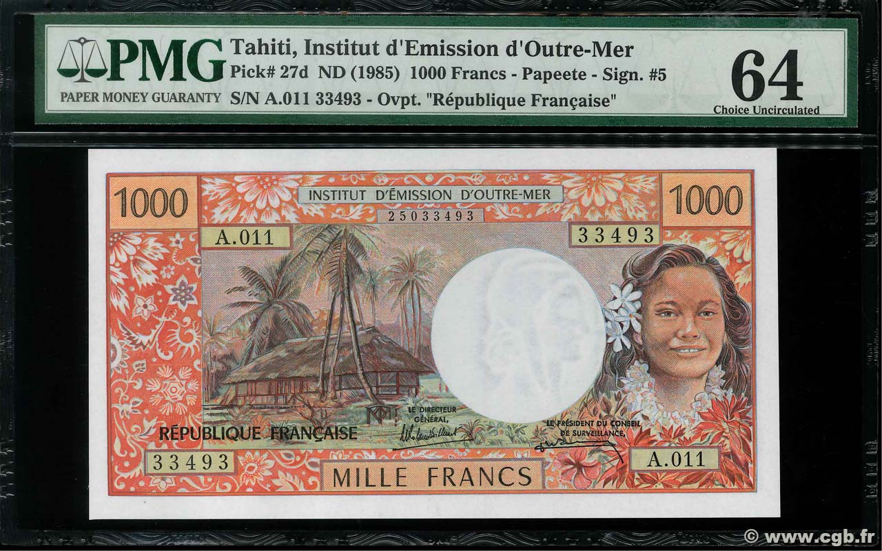 1000 Francs TAHITI Papeete 1985 P.27d q.FDC