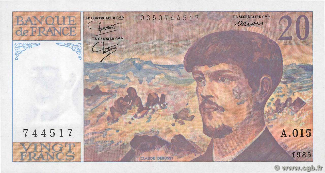 20 Francs DEBUSSY FRANCIA  1985 F.66.06A15 FDC