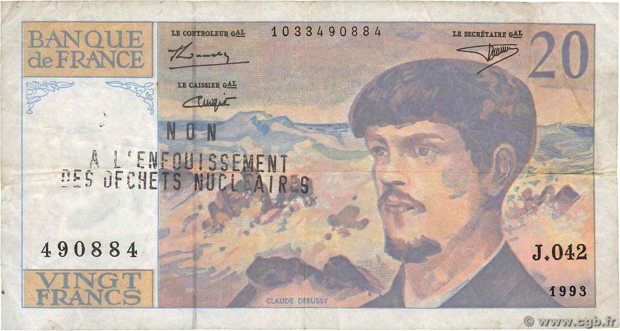 20 Francs DEBUSSY à fil de sécurité FRANCIA  1993 F.66bis.05 BC+