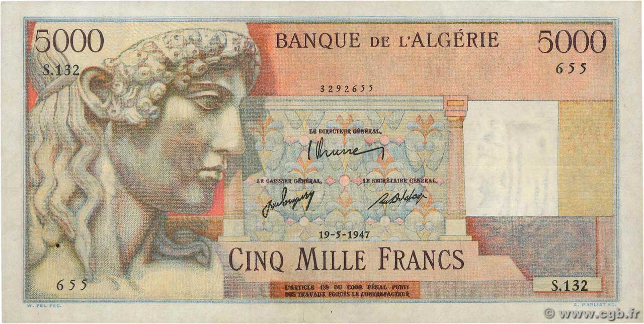 5000 Francs ALGERIA  1947 P.105 q.SPL