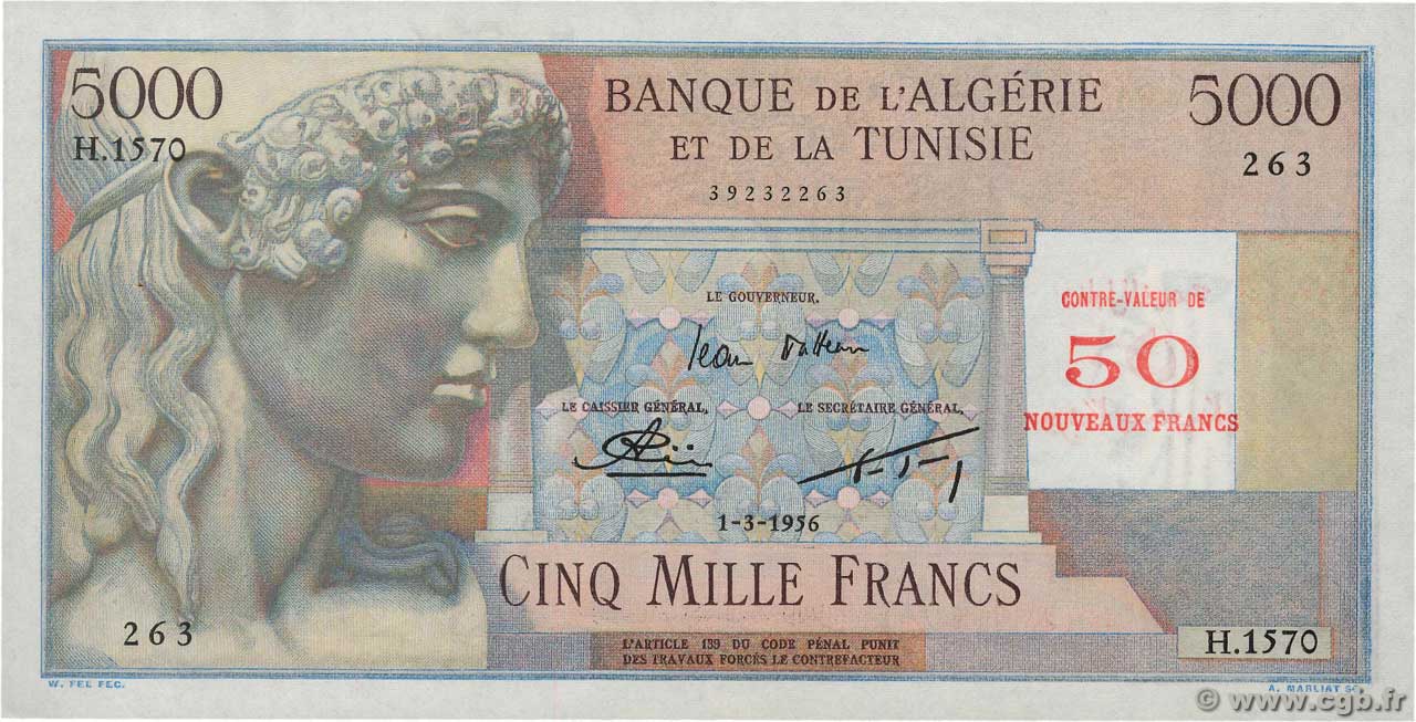 50 NF sur 5000 Francs ALGÉRIE  1956 P.113 SUP+