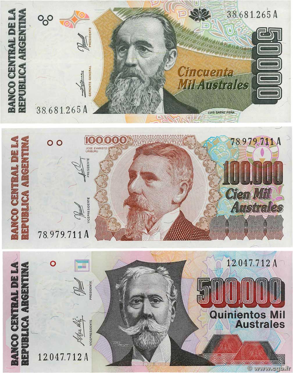 50000 au 500000 Australes Lot ARGENTINE  1991 P.335, P.336 et P.338 NEUF