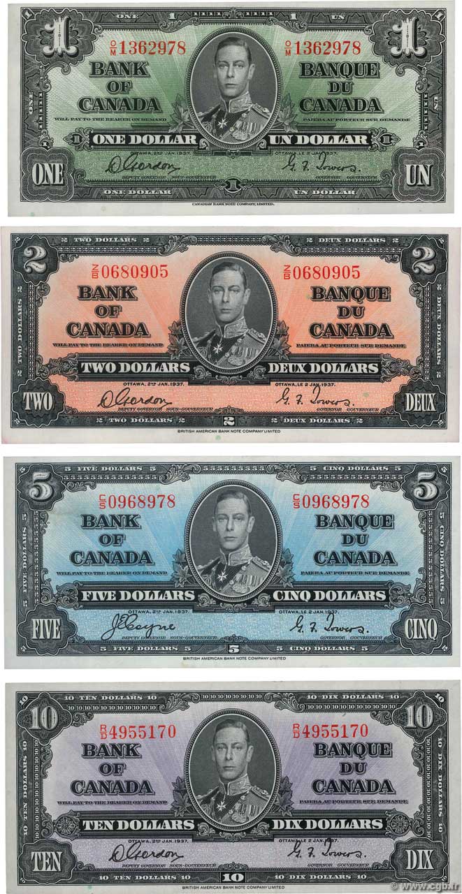 1, 2, 5 et 10 Dollars Lot CANADA  1937 P.058d, P.059b, P.060c et P.061b XF+