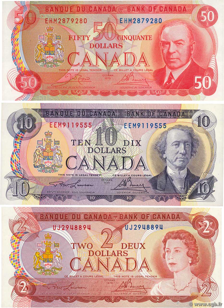 2, 10 et 50 Dollars Lot KANADA  1975 P.086a, P.088c et P.090b ST