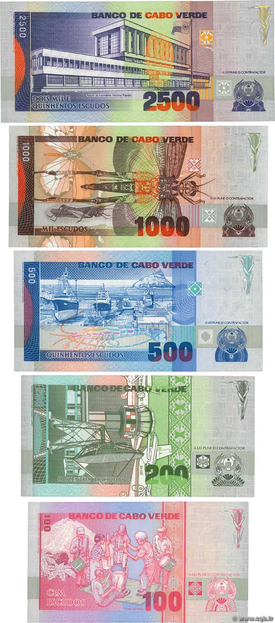 100, 200, 500, 1000 et 2500 Escudos Lot CABO VERDE  1989 P.57a au P.61a FDC