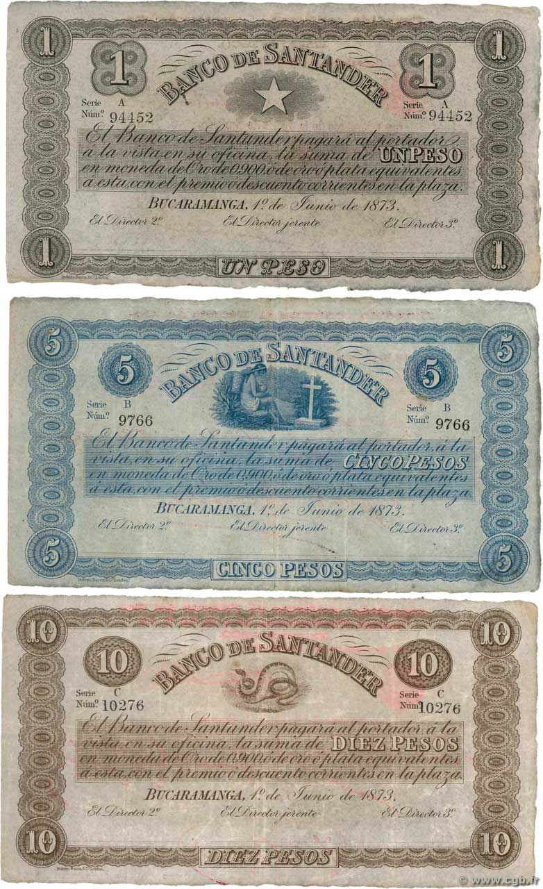 1, 5 et 10 Pesos Lot COLOMBIA  1900 PS.831c, PS.832b et PS.833b BB