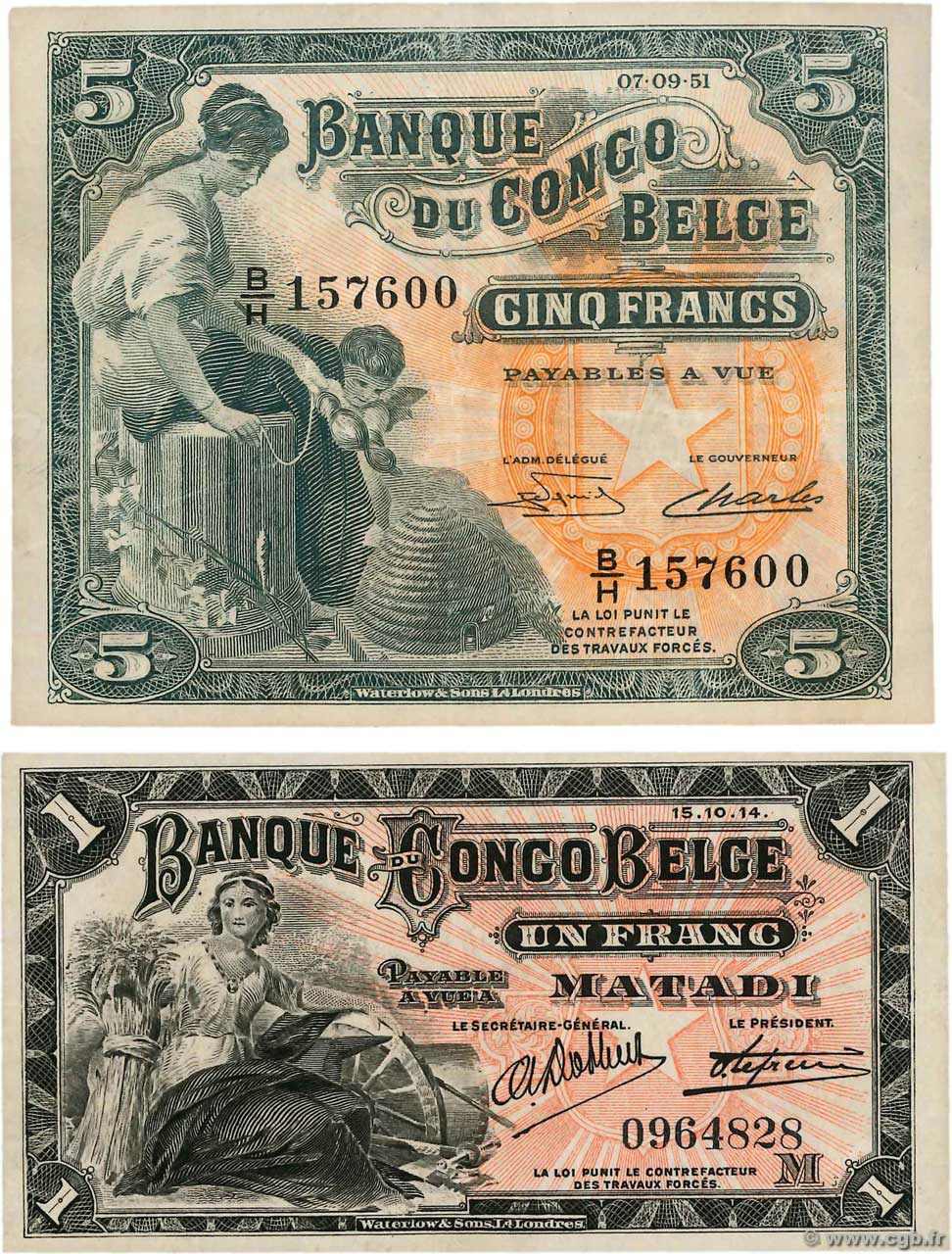 1 et 5 Francs Lot BELGA CONGO  1914 P.03Ba et P.13Bb MBC