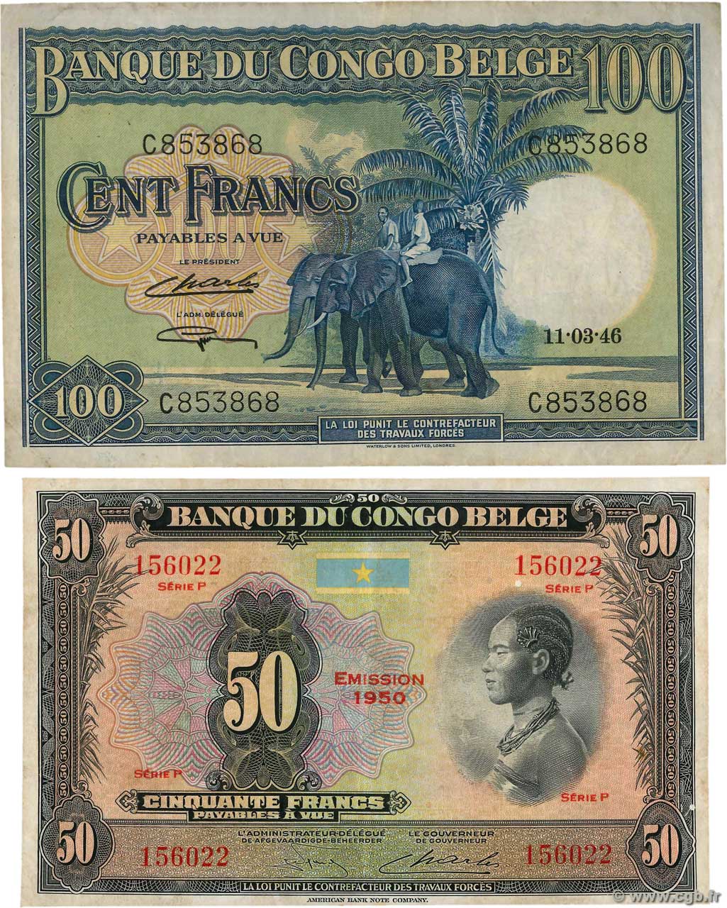 50 et 100 Francs Lot BELGISCH-KONGO  1946 P.16h et P.17c S