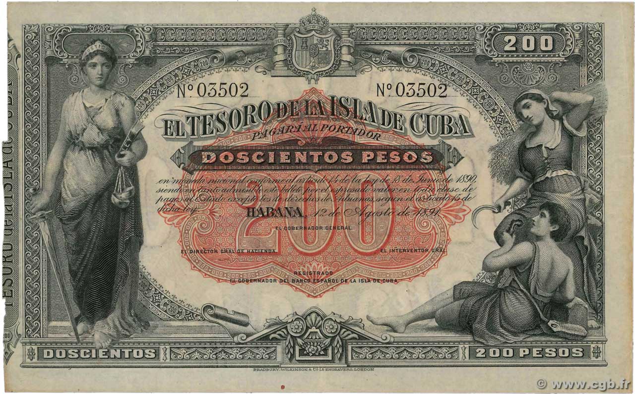 200 Pesos CUBA  1891 P.044r TTB
