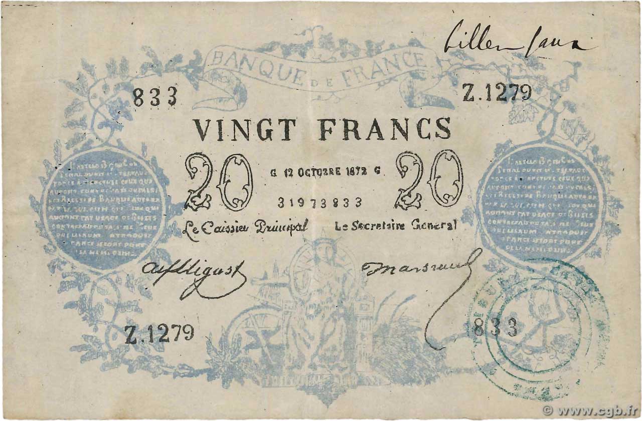20 Francs type 1871 Faux FRANCIA  1872 F.A46.03x BC+