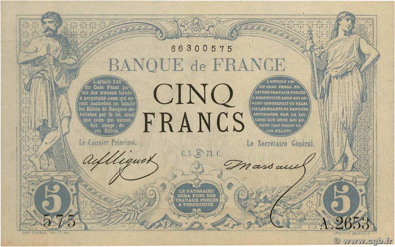 5 Francs NOIR FRANCE  1873 F.01.19 AU
