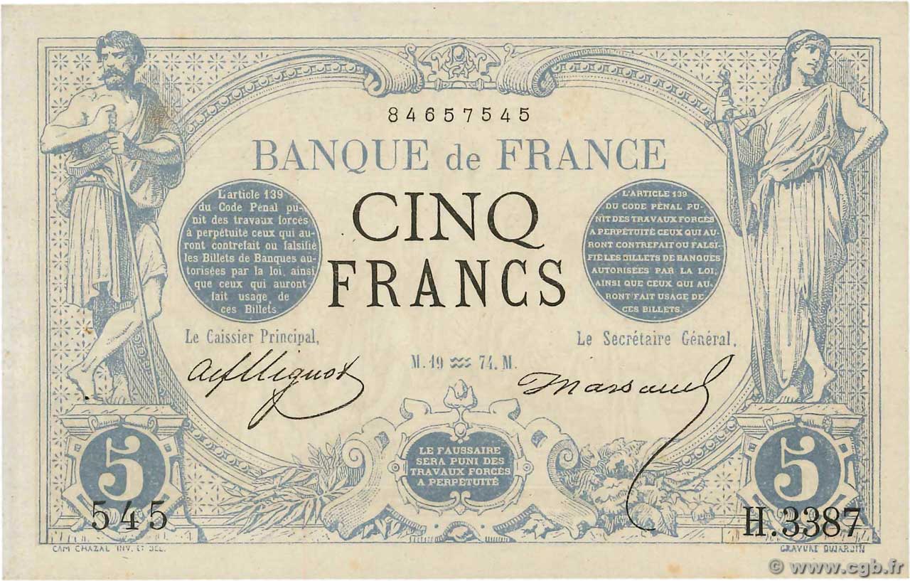 5 Francs NOIR FRANCE  1874 F.01.25 pr.SPL