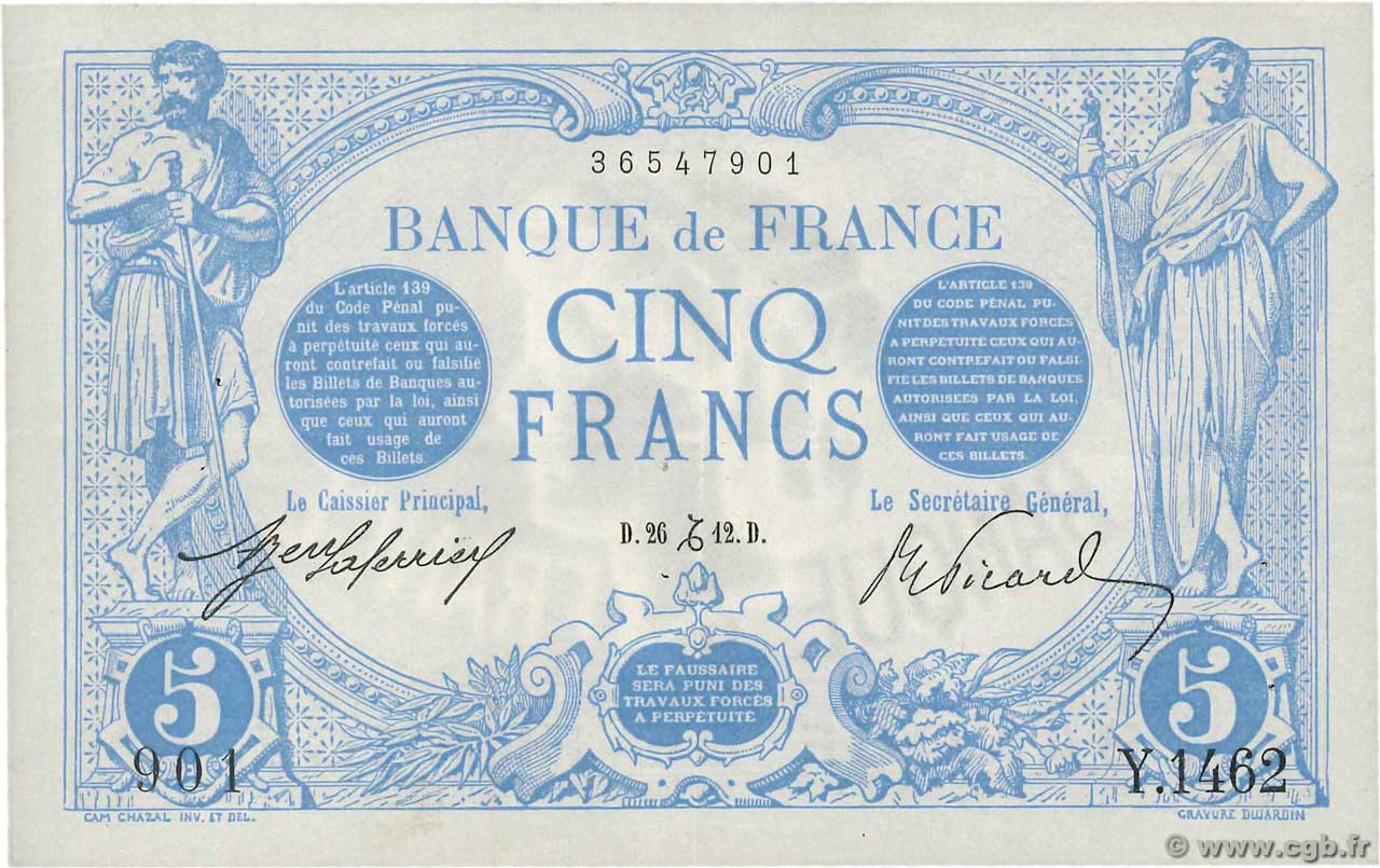 5 Francs BLEU FRANKREICH  1912 F.02.12 fVZ