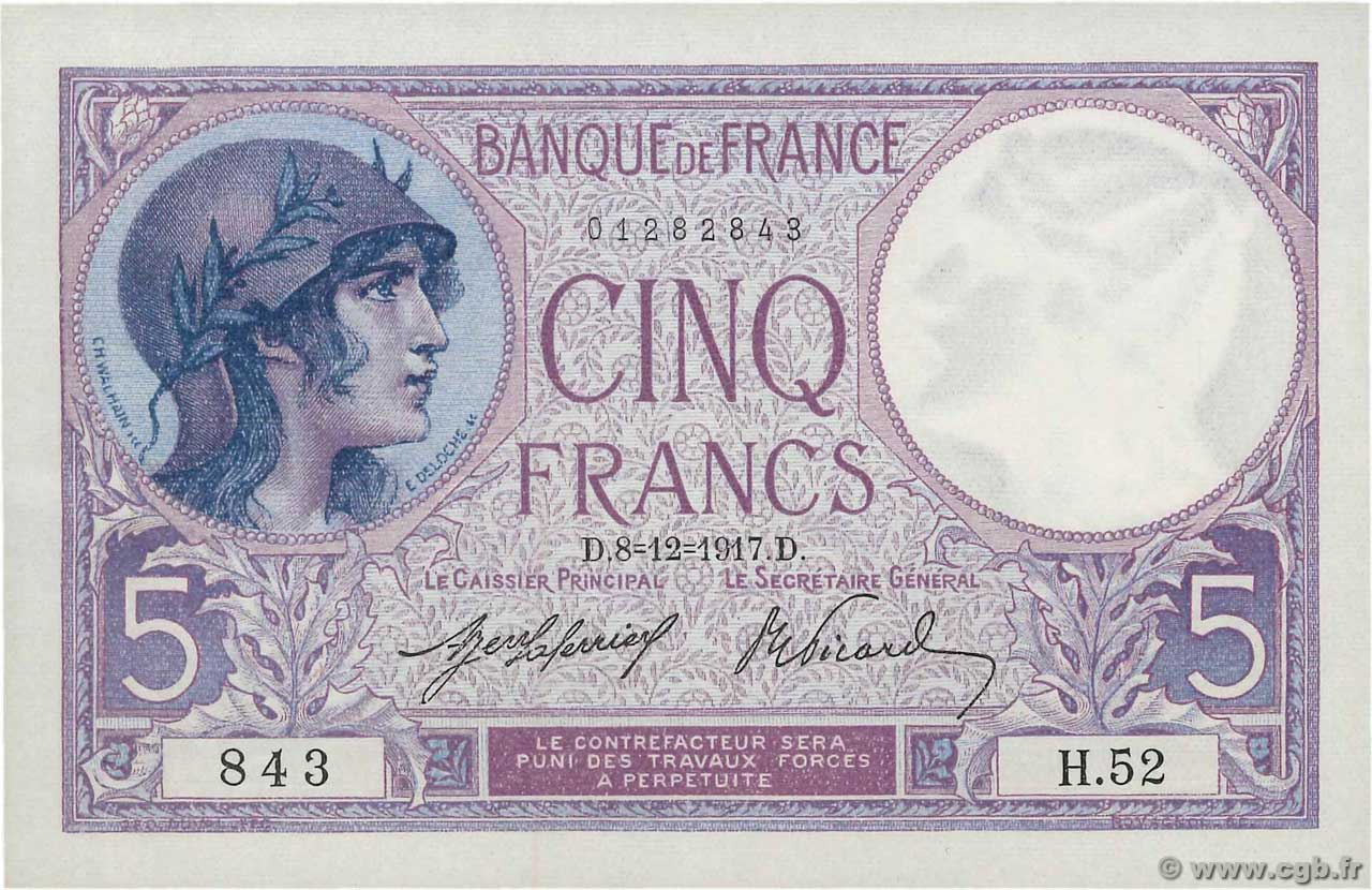 5 Francs FEMME CASQUÉE FRANCIA  1917 F.03.01 AU+