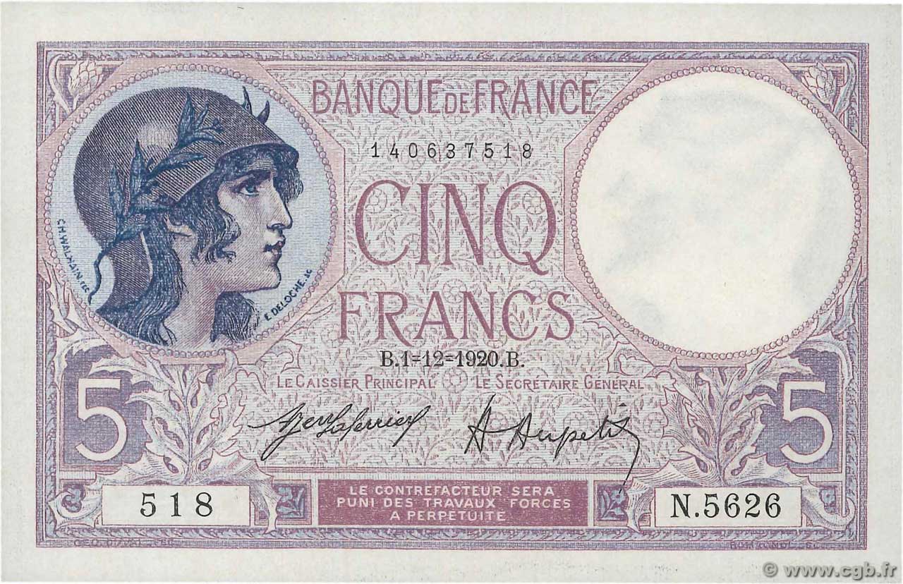 5 Francs FEMME CASQUÉE FRANCIA  1920 F.03.04 q.FDC