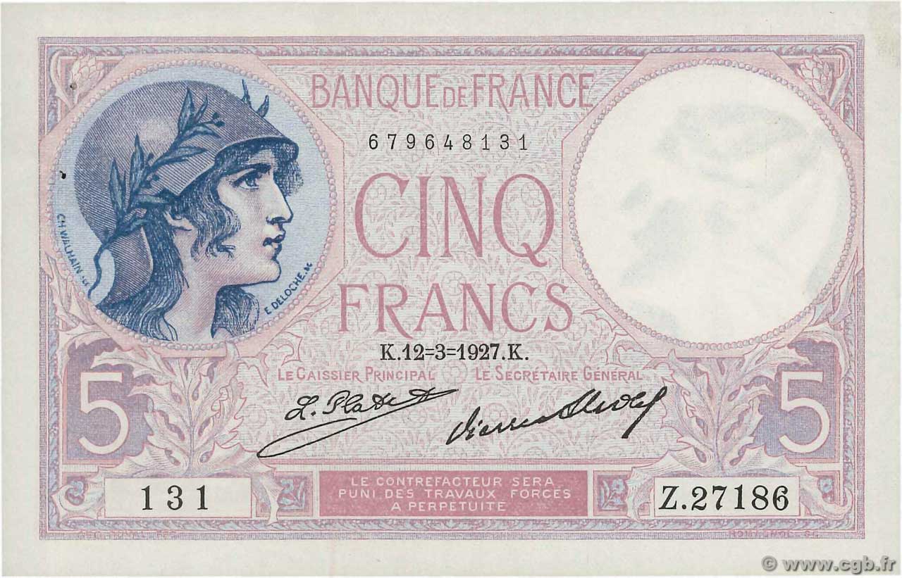 5 Francs FEMME CASQUÉE FRANKREICH  1927 F.03.11 fST