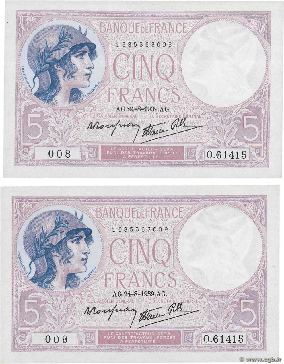 5 Francs FEMME CASQUÉE modifié Consécutifs FRANCE  1939 F.04.07 pr.NEUF